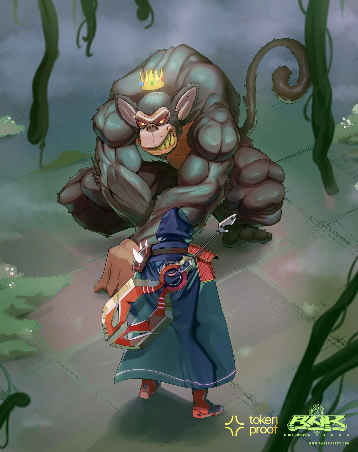 Monkey King, a giant crowned ape, squaring up to Nubi in the jungle