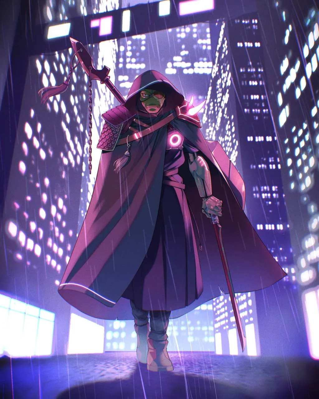 Nubi walking through a neon city in the rain